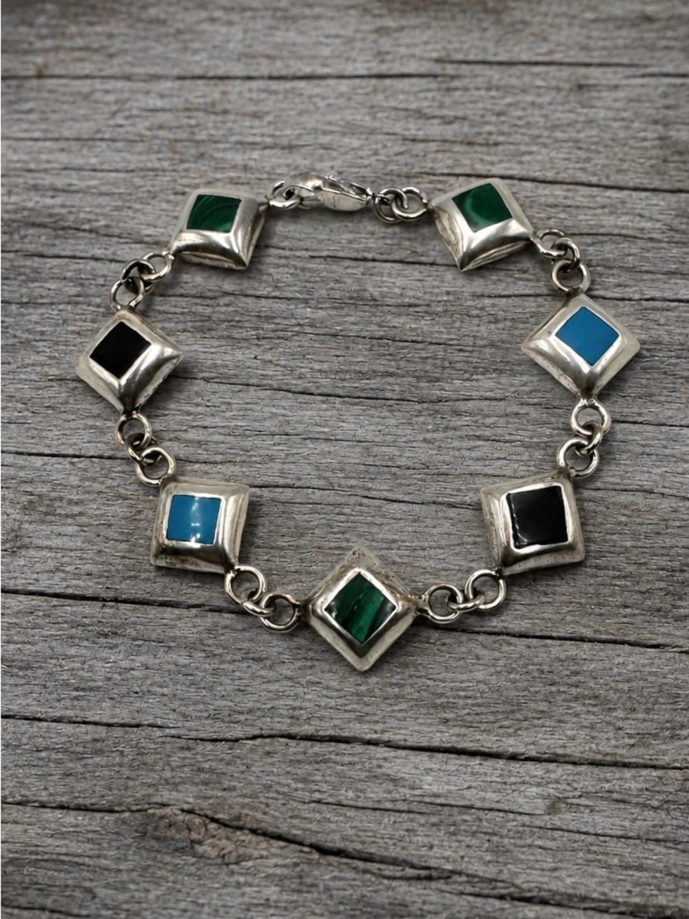 Sterling Silver Turquoise Onyx Malachite Multi Stone Inlay Link Bracelet 7.5